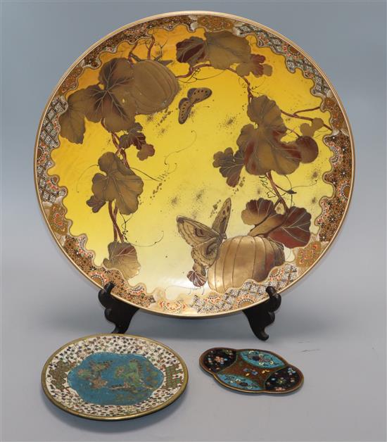 A Meiji period Japanese Satsuma dish and two cloisonne dishes largest 36cm